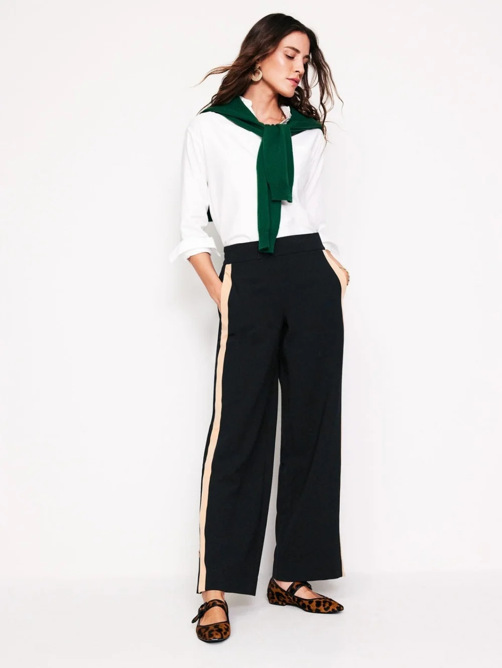Boden Side Stripe Wide Leg Pull On Pants Black/Camel Tan Women's 8R